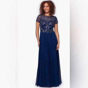 Xscape Navy Blue Women's Embellished Short Sleeve Chiffon Gown